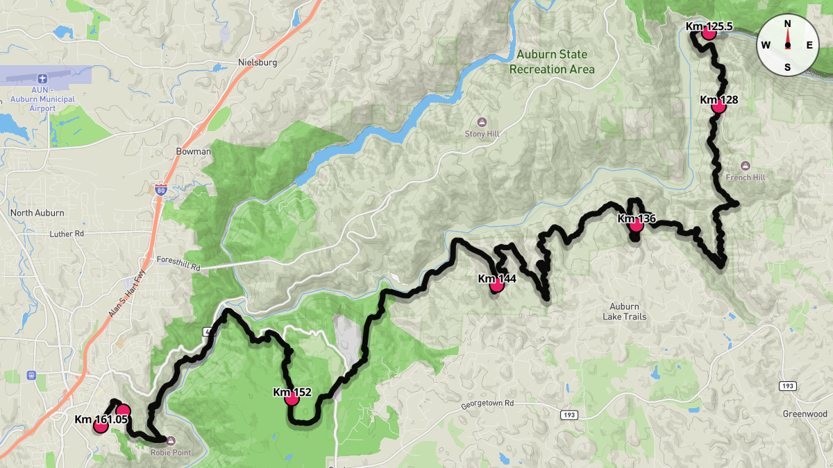 Course Map for Kilometers 125.5-161.05 of the Western States 100