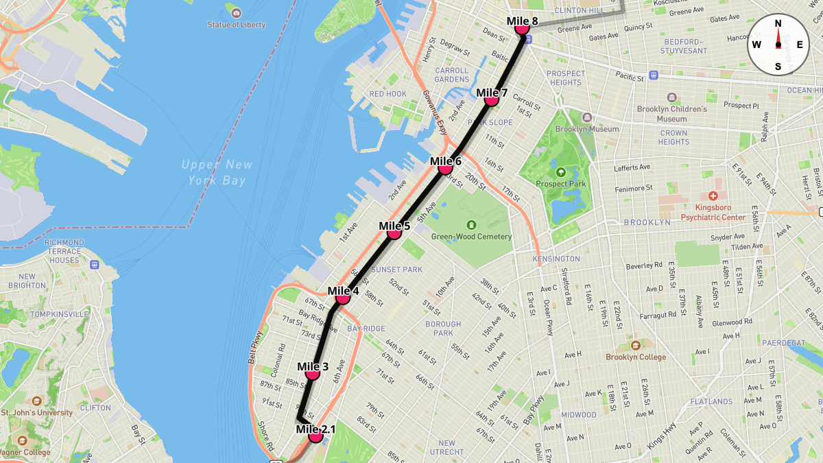 Course Map for Miles 2.1-8 of the New York City Marathon (Blue Route)