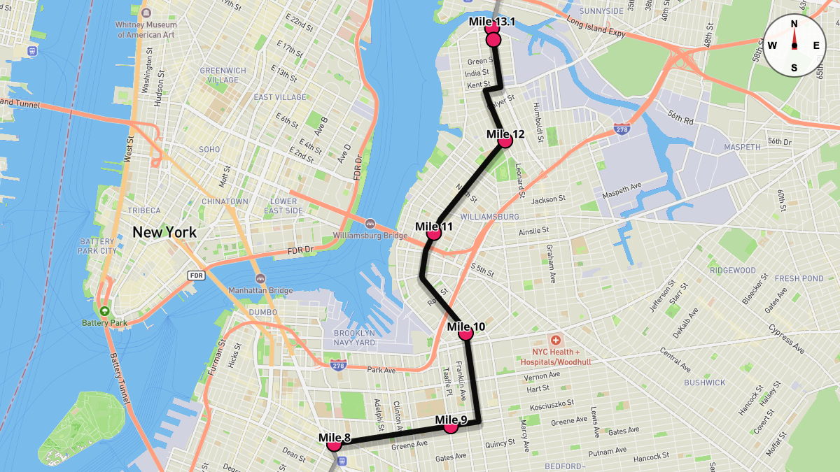 Course Map for Miles 8-13.1 of the New York City Marathon