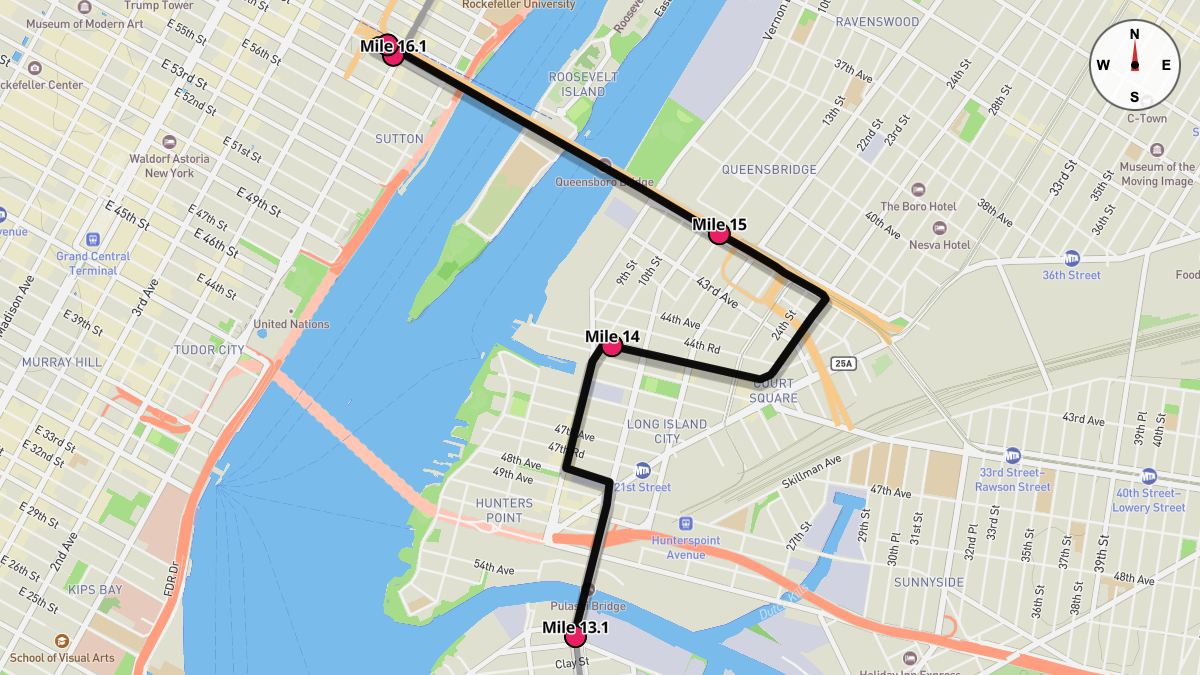 Course Map for Miles 13.1-16.1 of the New York City Marathon