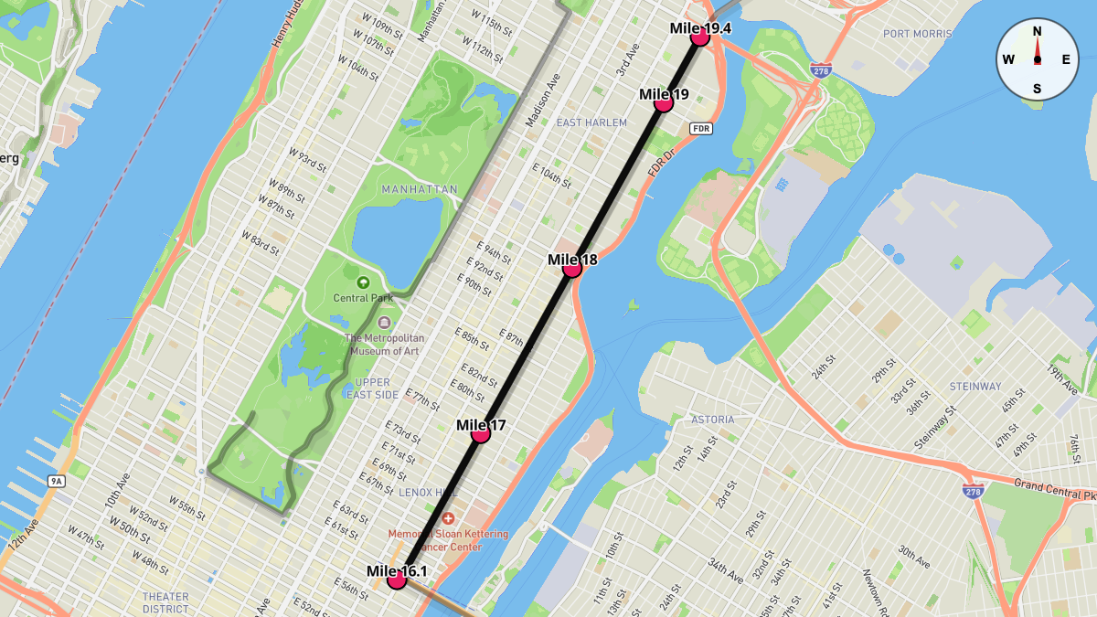 Course Map for Miles 16.1-19.4 of the New York City Marathon