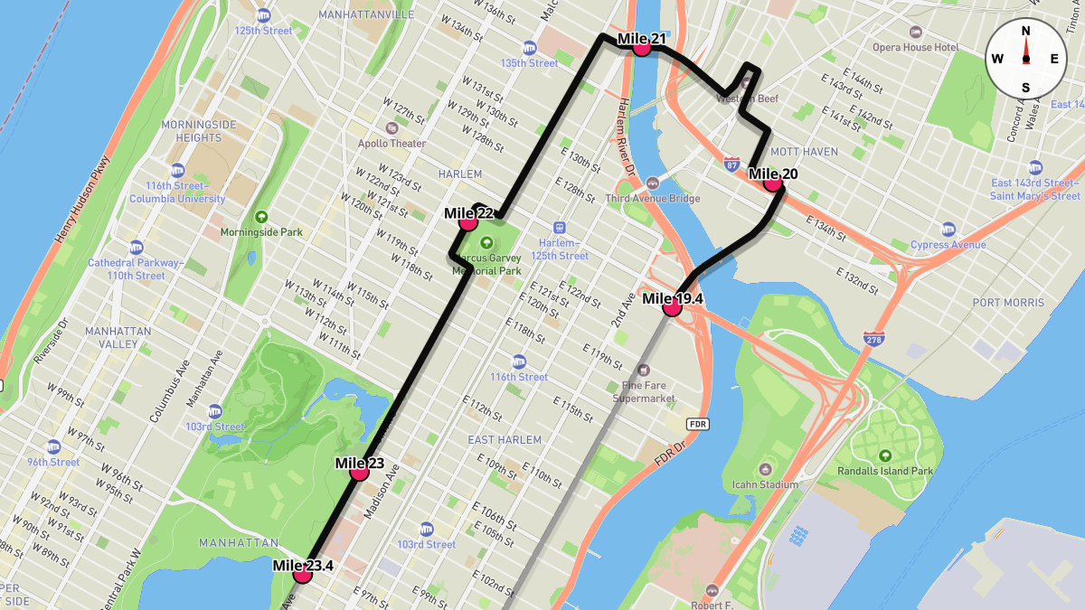 Course Map for Miles 19.4-23.4 of the New York City Marathon