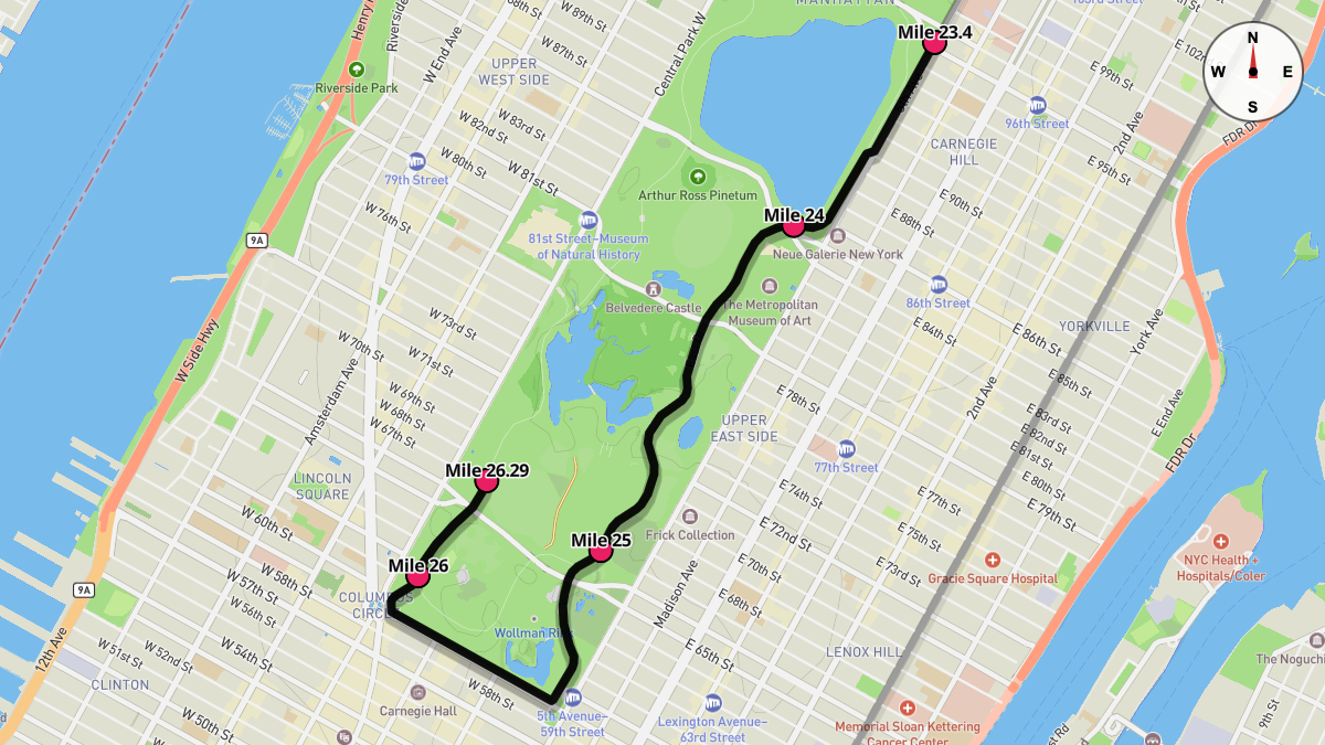 Course Map for Miles 23.4-26.29 of the New York City Marathon