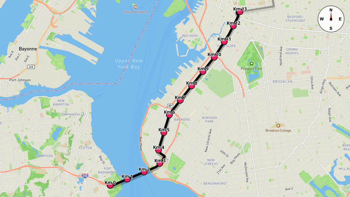 Course Map for Kilometers 0-13 of the New York City Marathon (Blue Route)