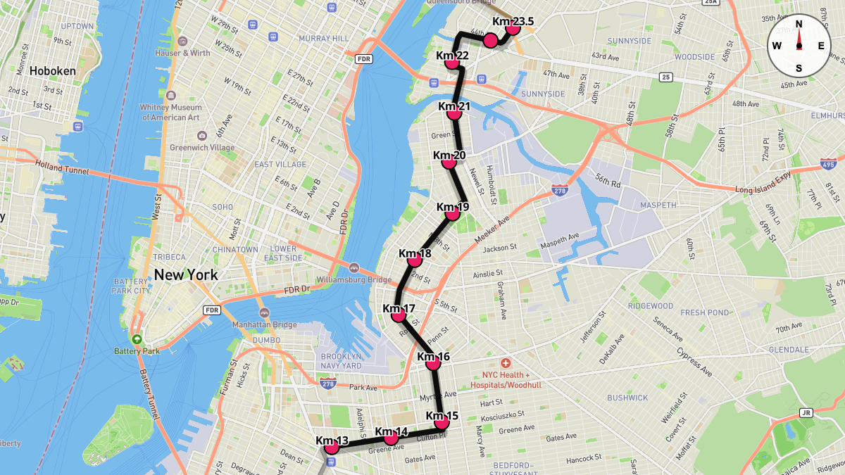 Course Map for Kilometers 13-23.5 of the New York City Marathon