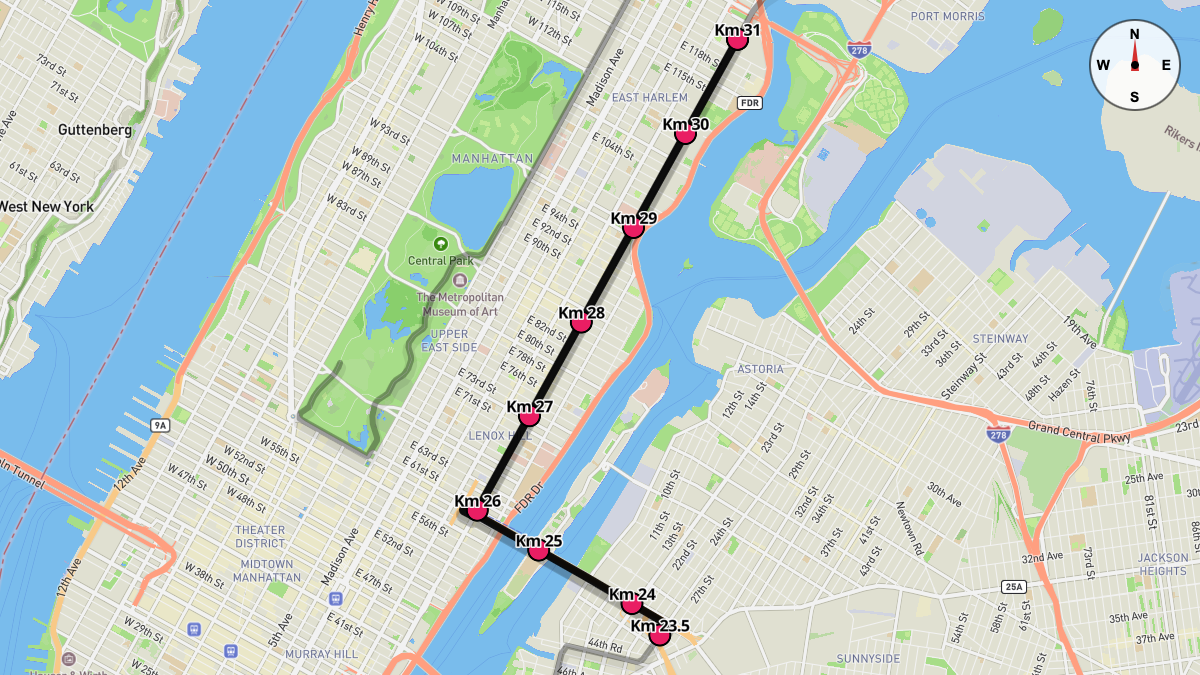 Course Map for Kilometers 23.5-31 of the New York City Marathon