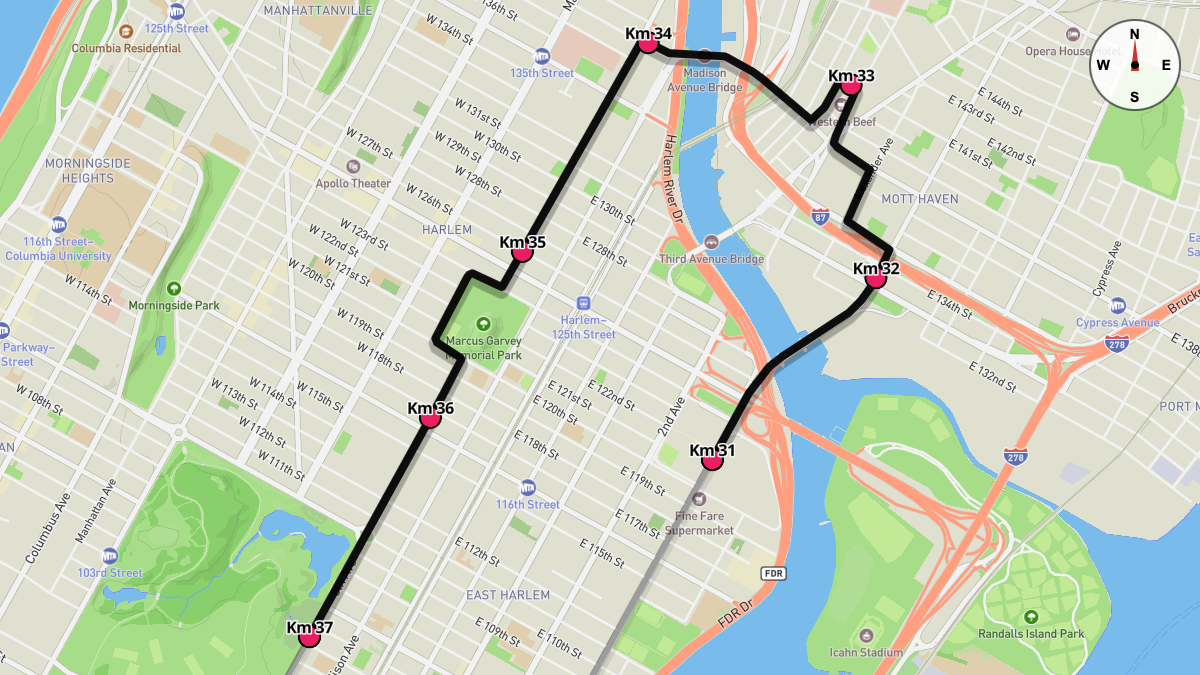 Course Map for Kilometers 31-37 of the New York City Marathon