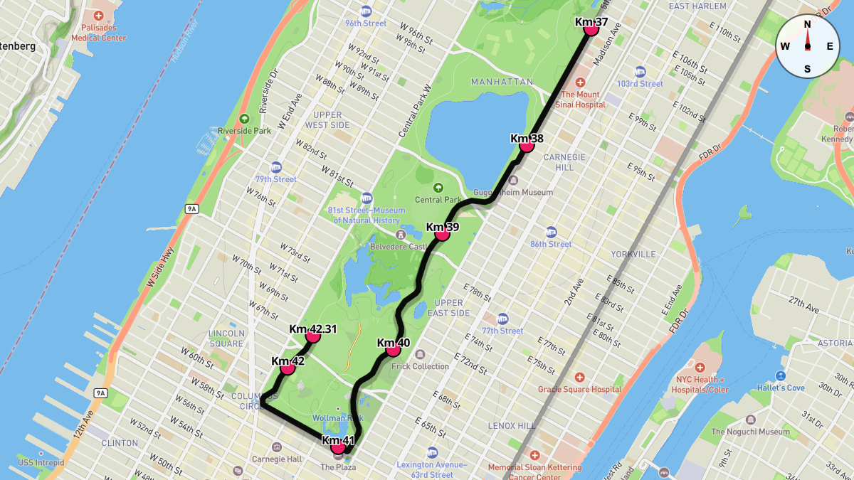 Course Map for Kilometers 37-42.31 of the New York City Marathon
