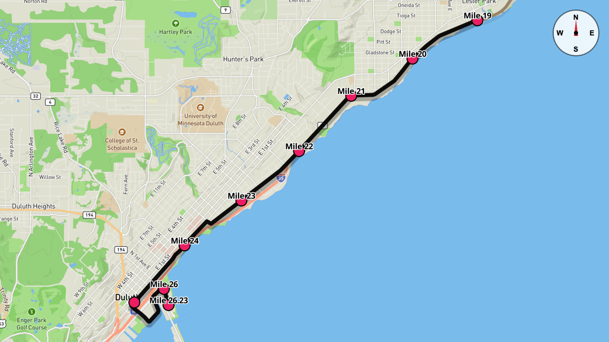 Course Map for Miles 19-26.23 of the Grandma's Marathon