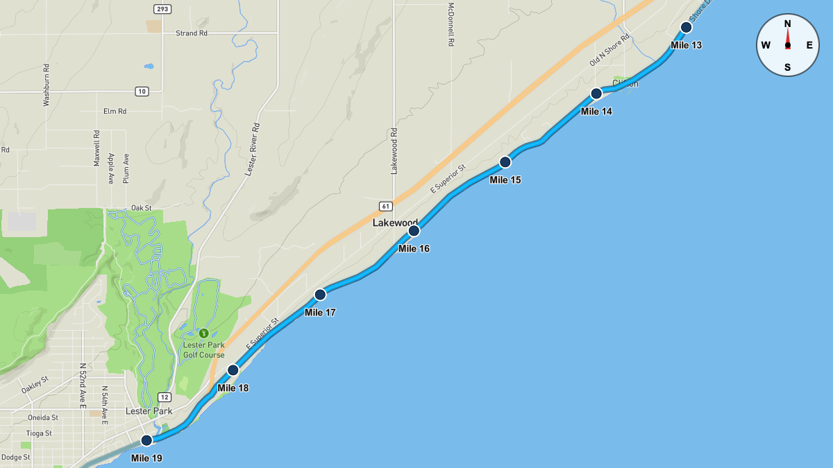 Course Map for Miles 13-19 of the Grandma's Marathon