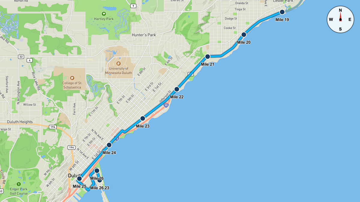 Course Map for Miles 19-26.23 of the Grandma's Marathon
