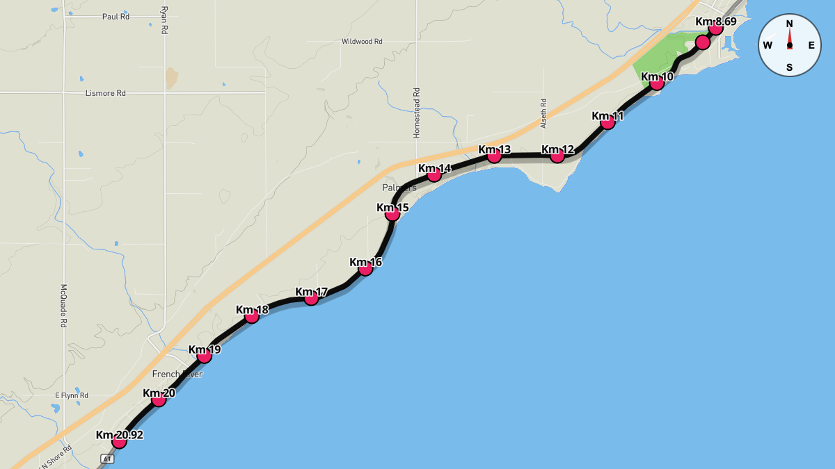 Course Map for Kilometers 8.69-20.92 of the Grandma's Marathon