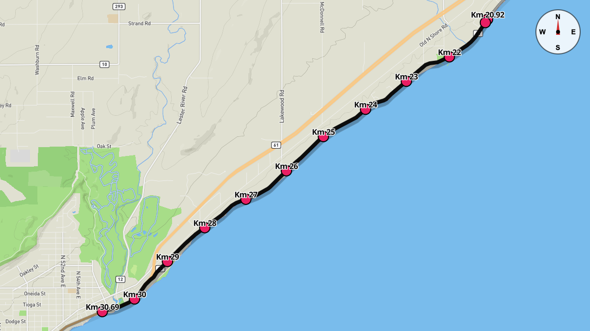 Course Map for Kilometers 20.92-30.69 of the Grandma's Marathon