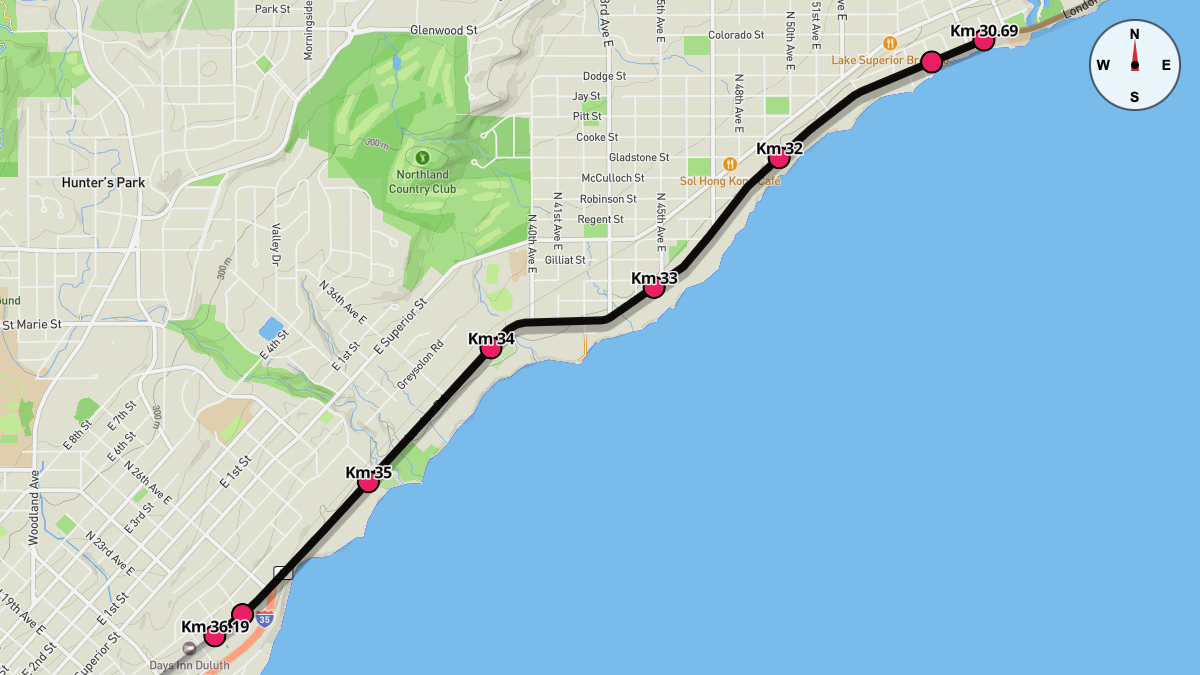 Course Map for Kilometers 30.69-36.19 of the Grandma's Marathon