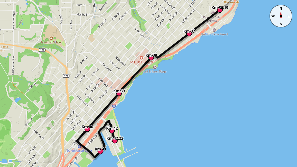 Course Map for Kilometers 36.19-42.22 of the Grandma's Marathon
