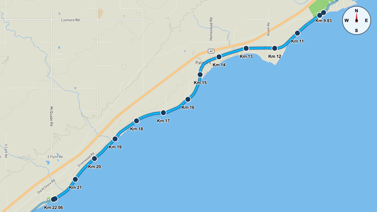 Course Map for Kilometers 9.83-22.06 of the Grandma's Marathon