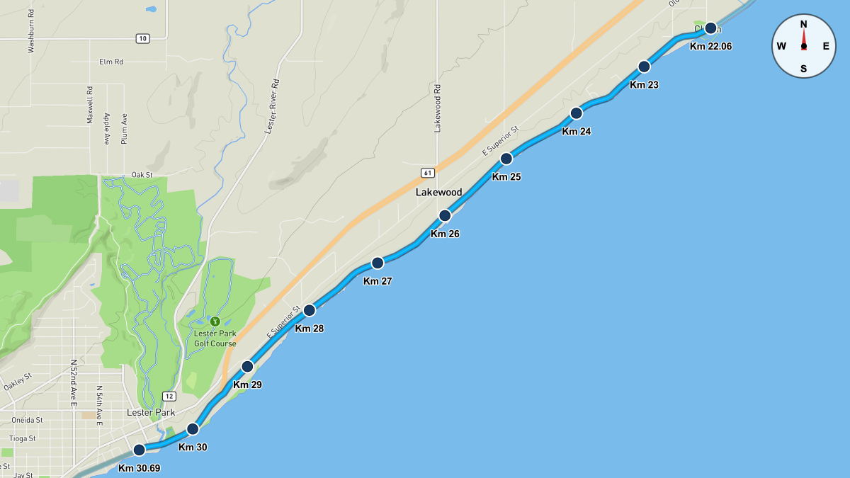 Course Map for Kilometers 22.06-30.69 of the Grandma's Marathon