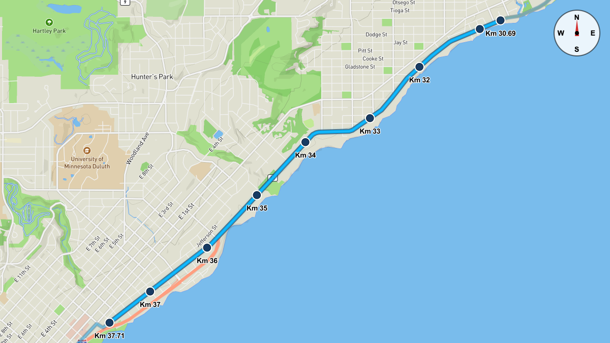 Course Map for Kilometers 30.69-37.71 of the Grandma's Marathon
