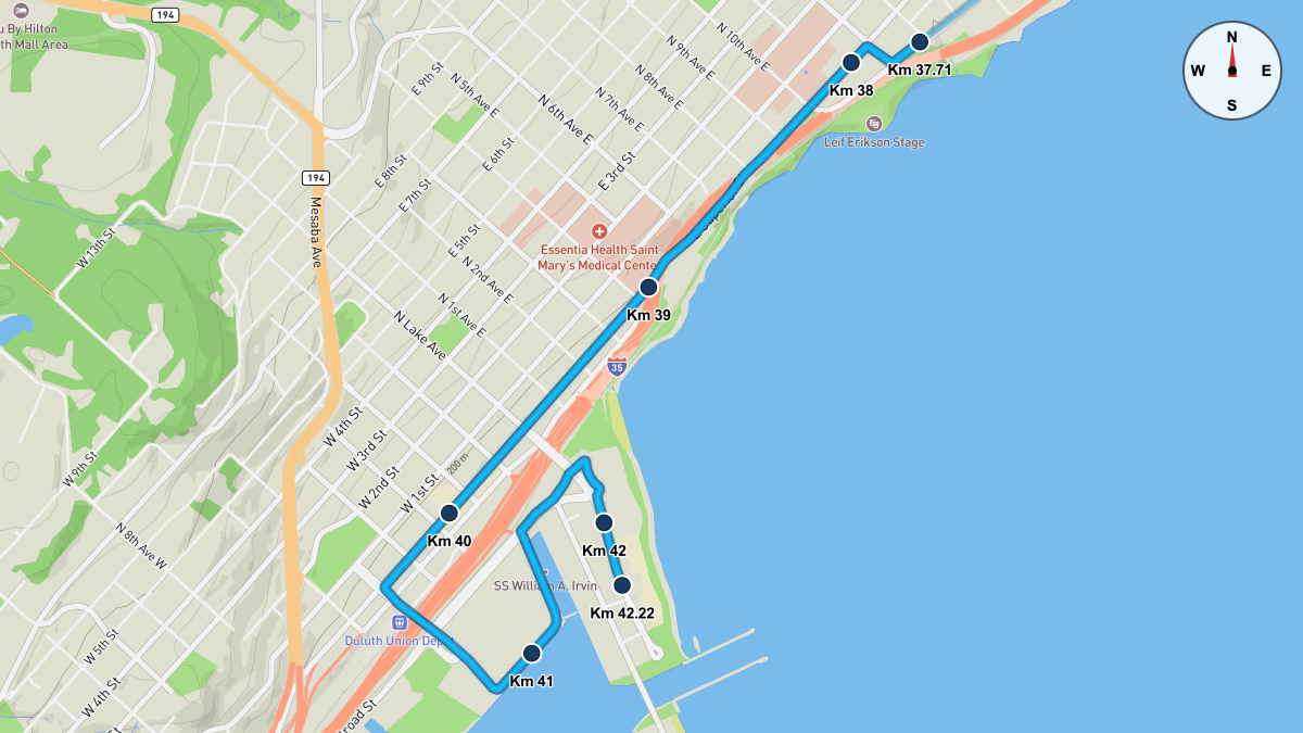 Course Map for Kilometers 37.71-42.22 of the Grandma's Marathon