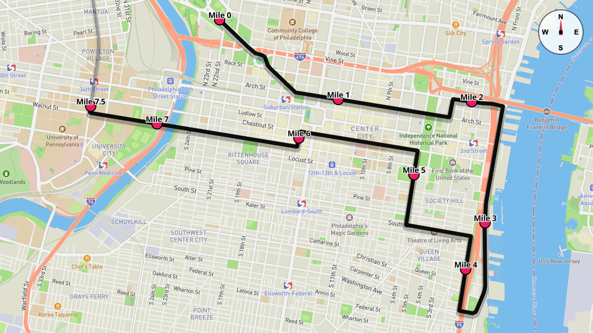 Course Map for Miles 0-7.5 of the Philadelphia Marathon