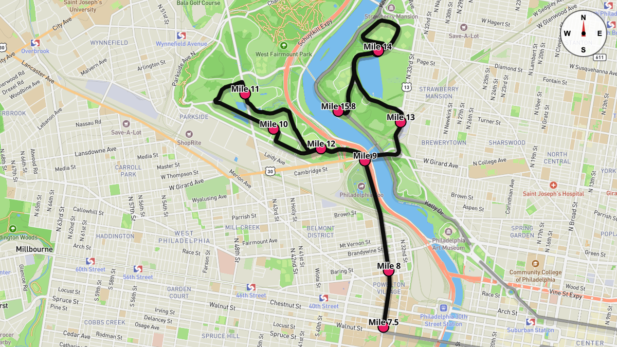 Course Map for Miles 7.5-15.8 of the Philadelphia Marathon