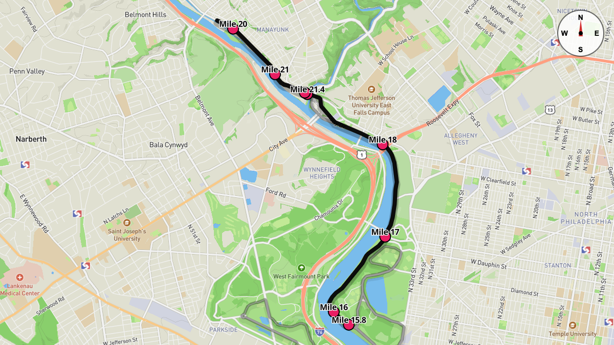 Course Map for Miles 15.8-21.4 of the Philadelphia Marathon