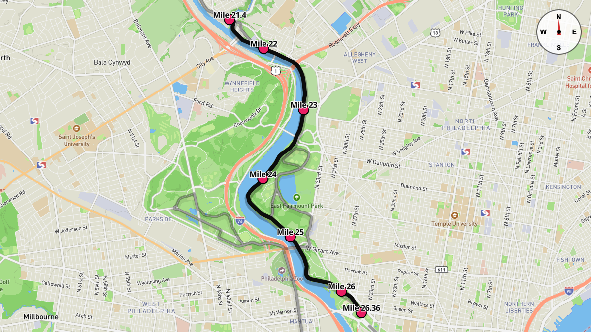 Course Map for Miles 21.4-26.36 of the Philadelphia Marathon
