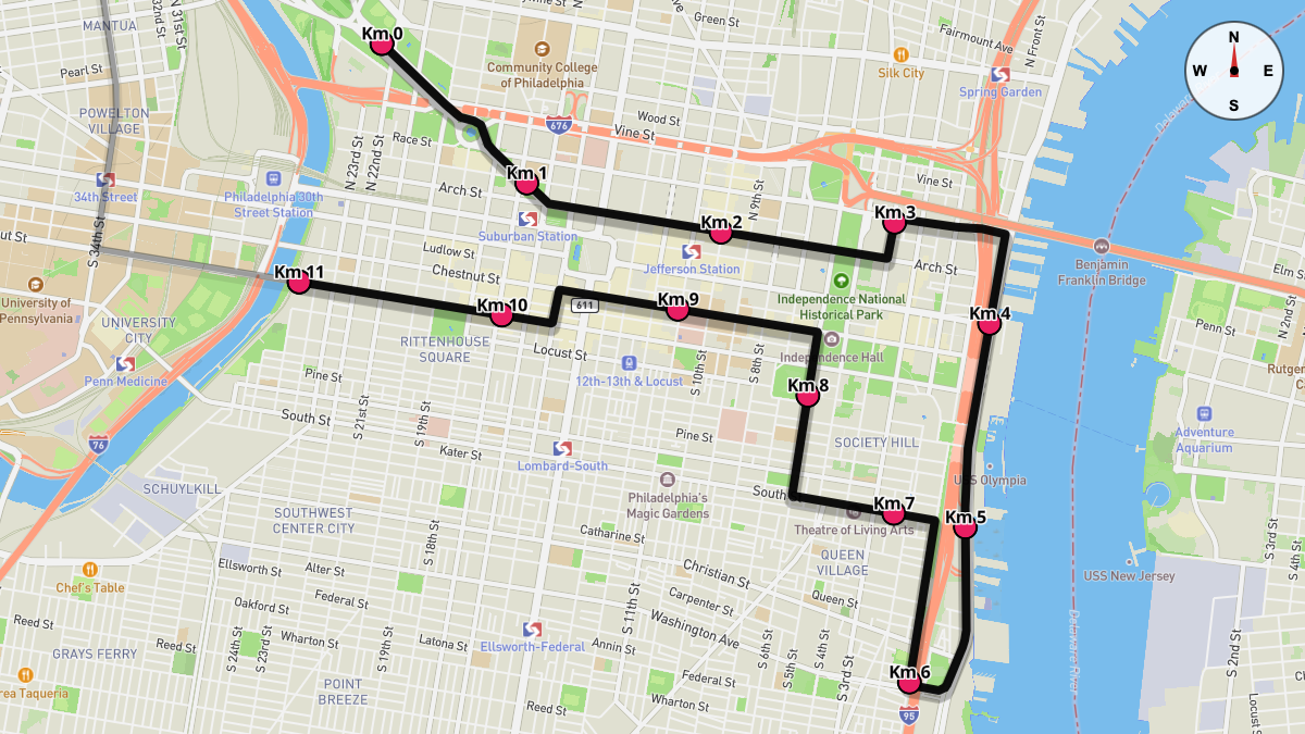Course Map for Kilometers 0-11 of the Philadelphia Marathon