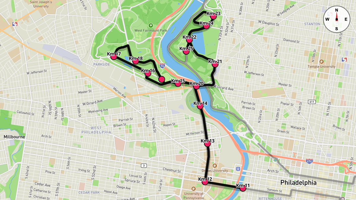 Course Map for Kilometers 11-25 of the Philadelphia Marathon