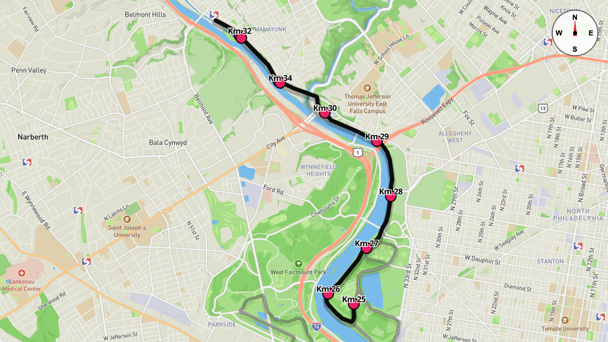 Course Map for Kilometers 25-34 of the Philadelphia Marathon