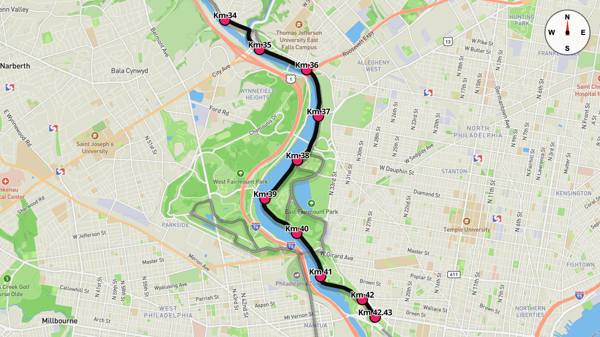 Course Map for Kilometers 34-42.43 of the Philadelphia Marathon