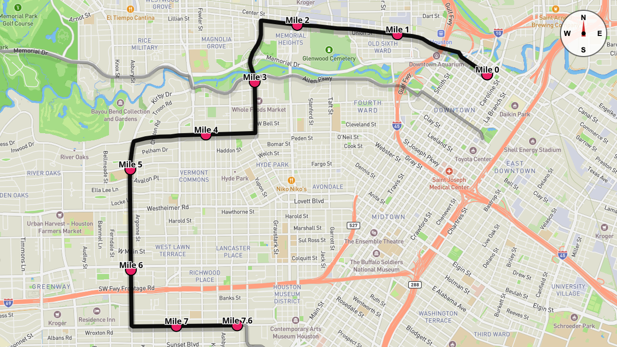 Course Map for Miles 0-7.6 of the Houston Marathon