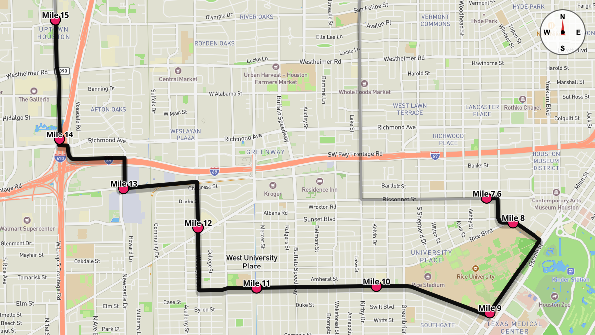 Course Map for Miles 7.6-15 of the Houston Marathon