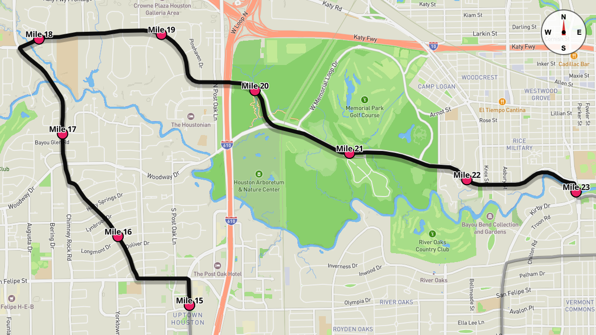 Course Map for Miles 15-23 of the Houston Marathon