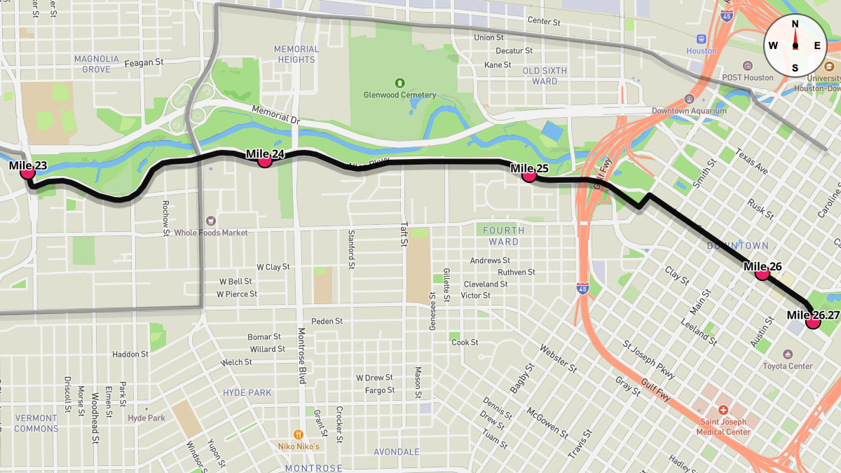 Course Map for Miles 23-26.27 of the Houston Marathon
