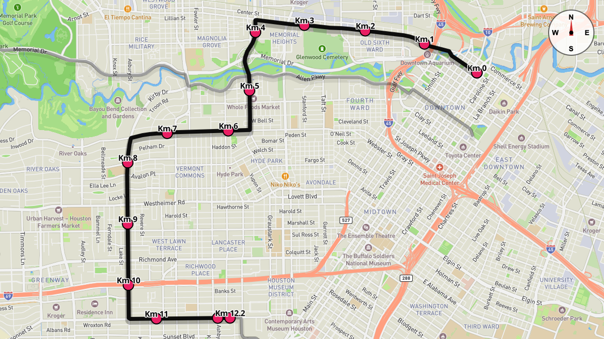 Course Map for Kilometers 0-12.2 of the Houston Marathon
