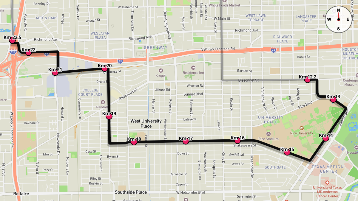 Course Map for Kilometers 12.2-22.5 of the Houston Marathon