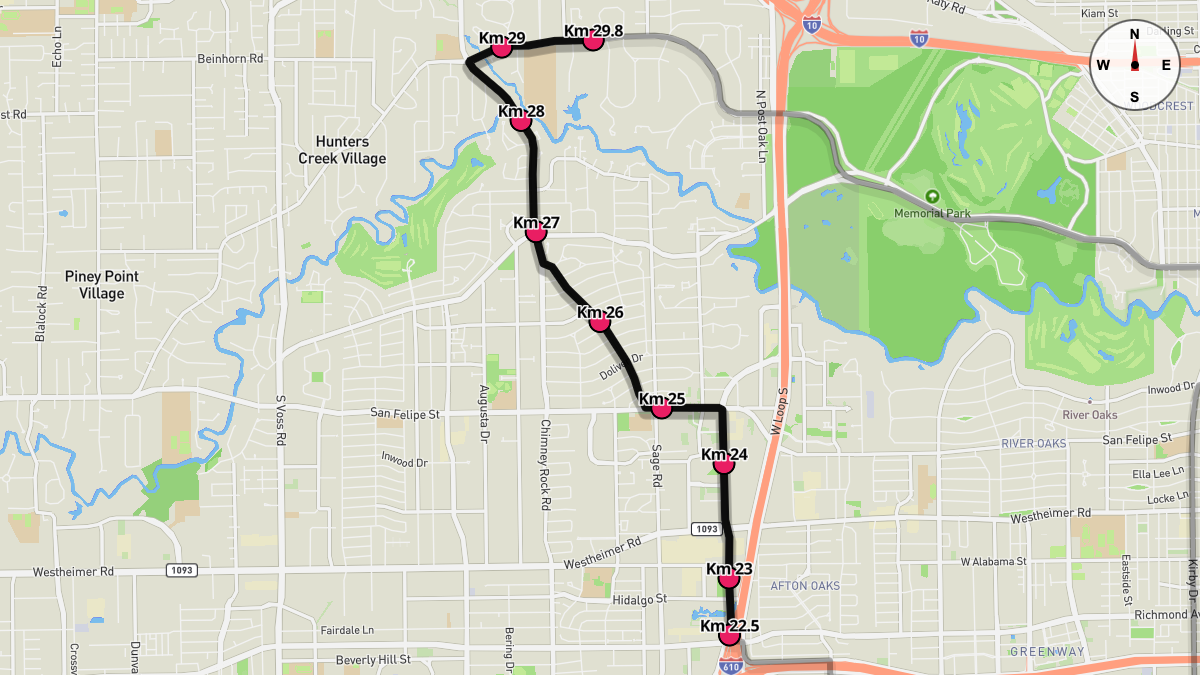Course Map for Kilometers 22.5-29.8 of the Houston Marathon