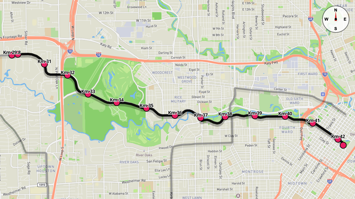 Course Map for Kilometers 29.8-42.28 of the Houston Marathon