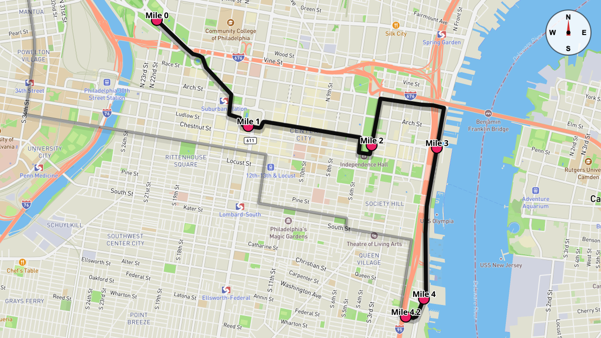 Course Map for Miles 0-4.2 of the Philadelphia Half Marathon