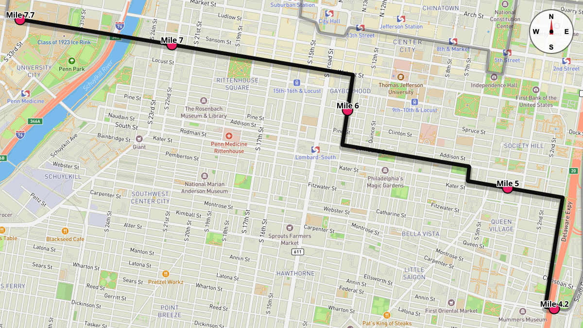 Course Map for Miles 4.2-7.7 of the Philadelphia Half Marathon