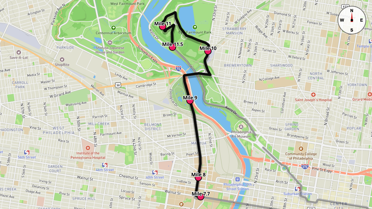 Course Map for Miles 7.7-11.5 of the Philadelphia Half Marathon