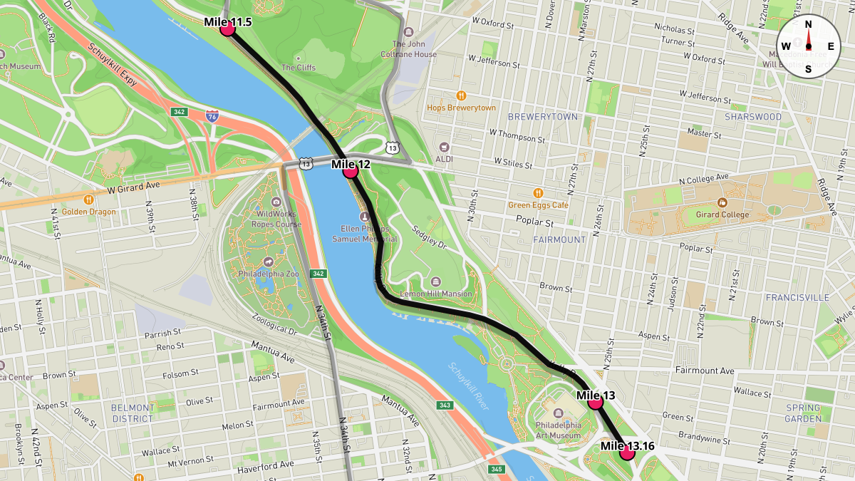 Course Map for Miles 11.5-13.16 of the Philadelphia Half Marathon