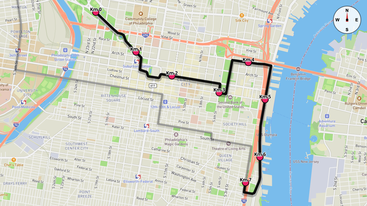 Course Map for Kilometers 0-7 of the Philadelphia Half Marathon