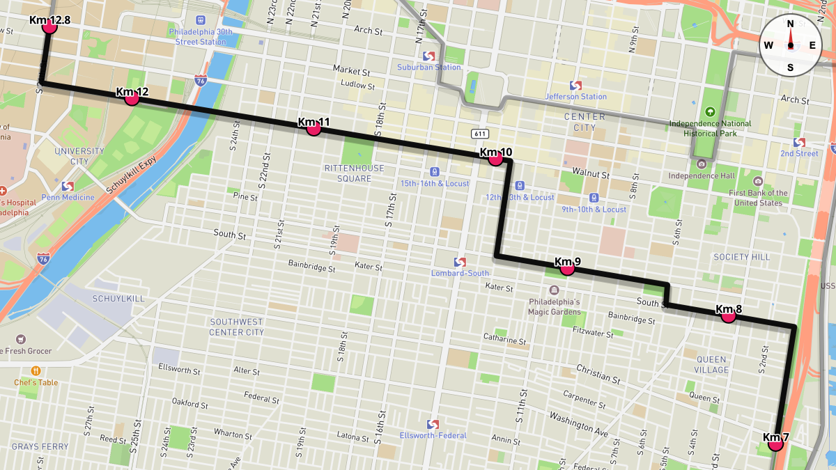 Course Map for Kilometers 7-12.8 of the Philadelphia Half Marathon