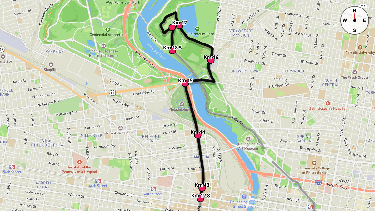 Course Map for Kilometers 12.8-18.5 of the Philadelphia Half Marathon