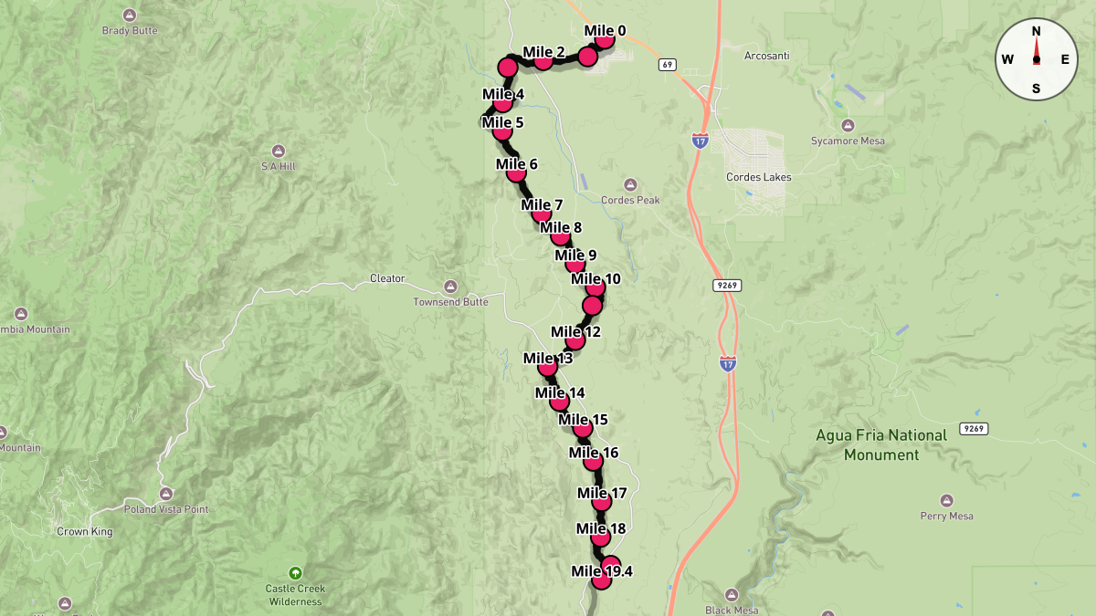 Course Map for Miles 0-19.4 of the Black Canyon Ultras - 100k
