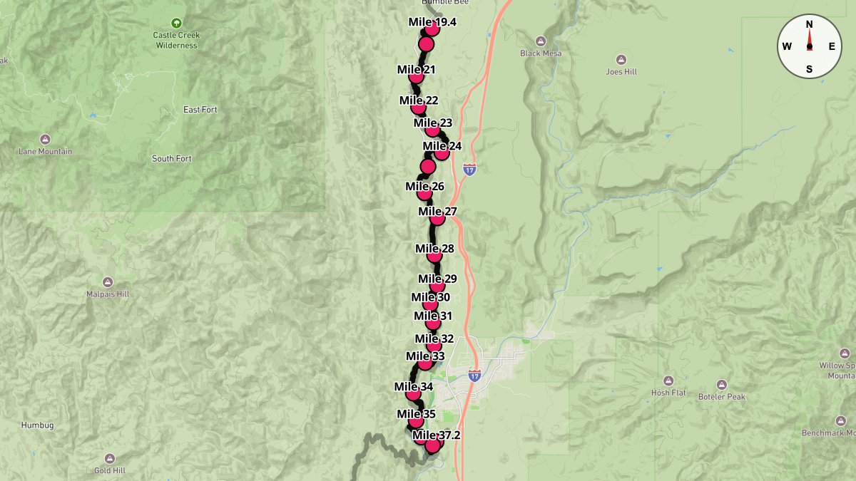Course Map for Miles 19.4-37.2 of the Black Canyon Ultras - 100k