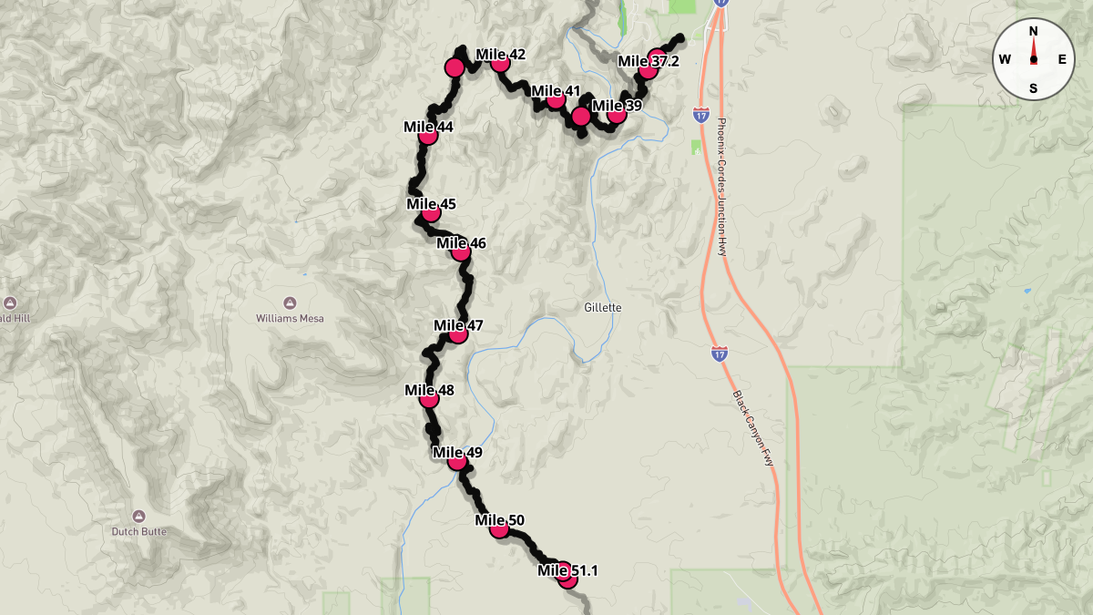 Course Map for Miles 37.2-51.1 of the Black Canyon Ultras - 100k