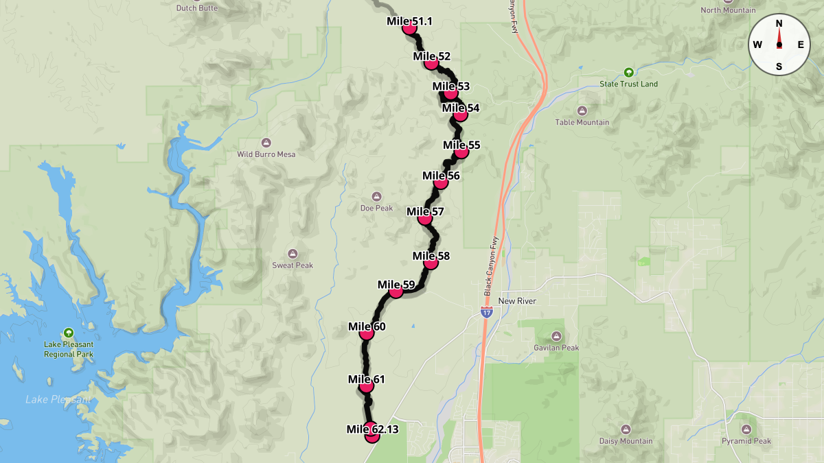 Course Map for Miles 51.1-62.13 of the Black Canyon Ultras - 100k